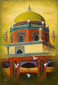 S. A. Noory, Shrine of Shah Rukne Alam - Multan, 24 x 36 Inch, Acrylic on Canvas, Cityscape Painting, AC-SAN-117